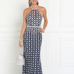 NEW NAVY/SILVER WEDDING EVENING FORMAL Tulle Halter Mermaid Long GSGL1548
